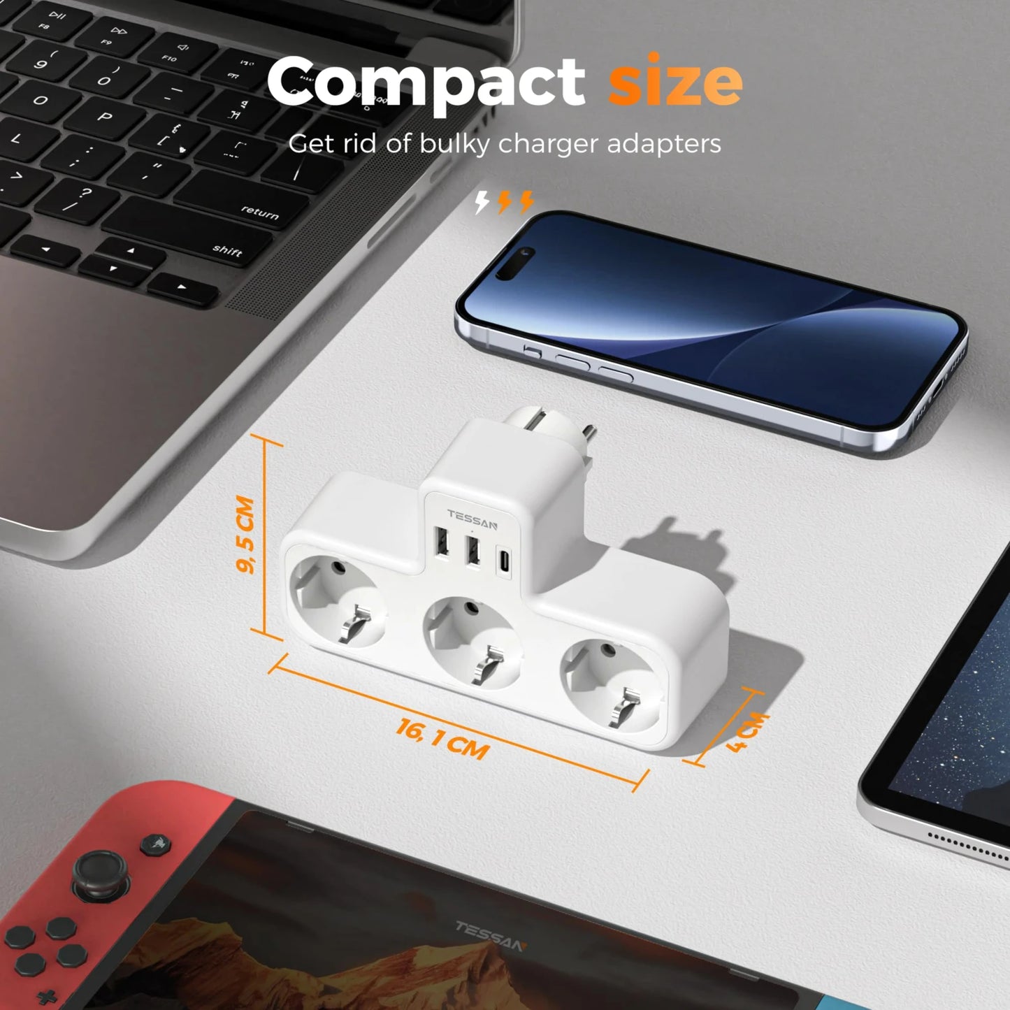 Tessan Multiple EU Standard USB Socket Wall Socket 6 in 1 Plug Socket with 3 AC Outlets with USB Charging Ports for Home Office