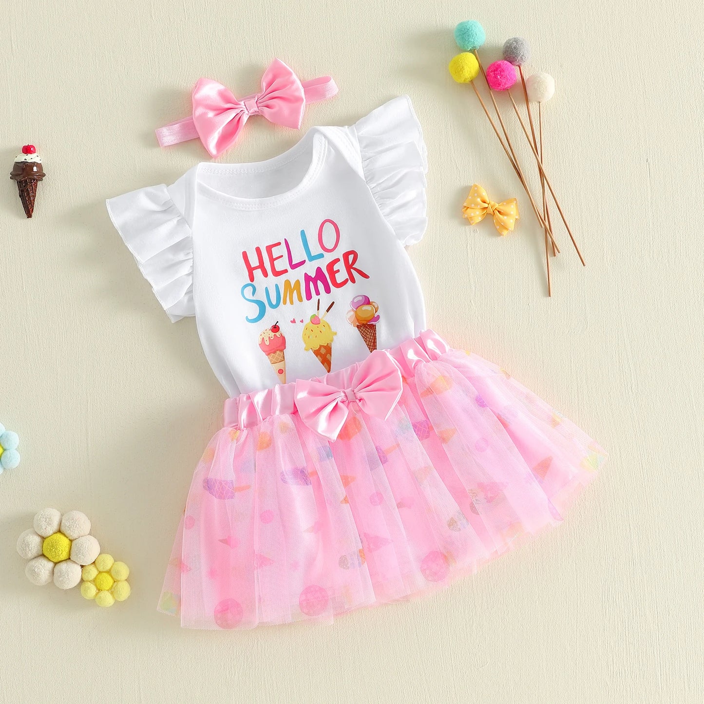 3Pcs Infant Girl Outfit Crew Neck Flying Sleeve Summer Themed Ice Cream Print Romper Tulle Skirt Headband Set