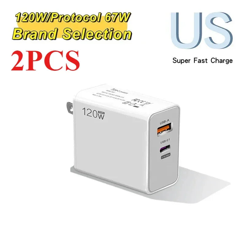 120W USB Fast Charger With Type C Cable Fast Charging Adapter For iPhone 16 Samsung Xiaomi Huawei PD Cell Phones Quick Charger