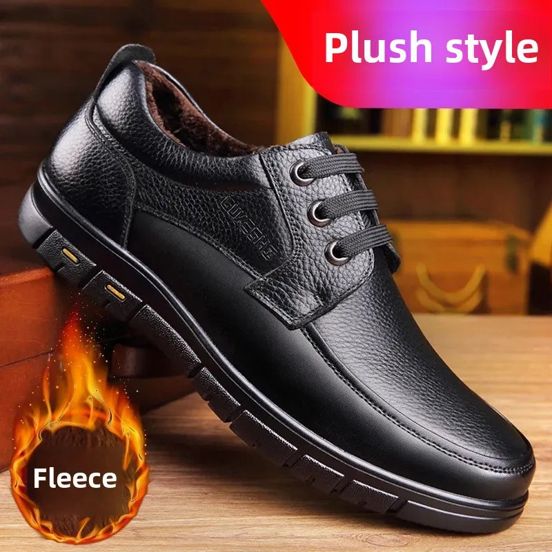 Autumn Men's Leather Shoes True Cowhide Flat Bottom Anti-Slip Plus Size Casual Elderly Father Shoes Rubber Sole China Made