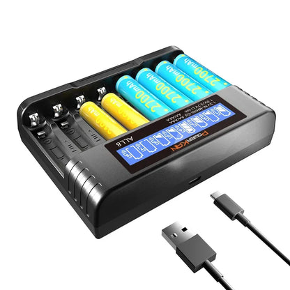 POWERKAN ALL8 charger, 8-slot high-speed LCD AA/AAA charger, suitable for 1.2V Ni-MH 1.5V/3.7V Li-ion rechargeable batteries