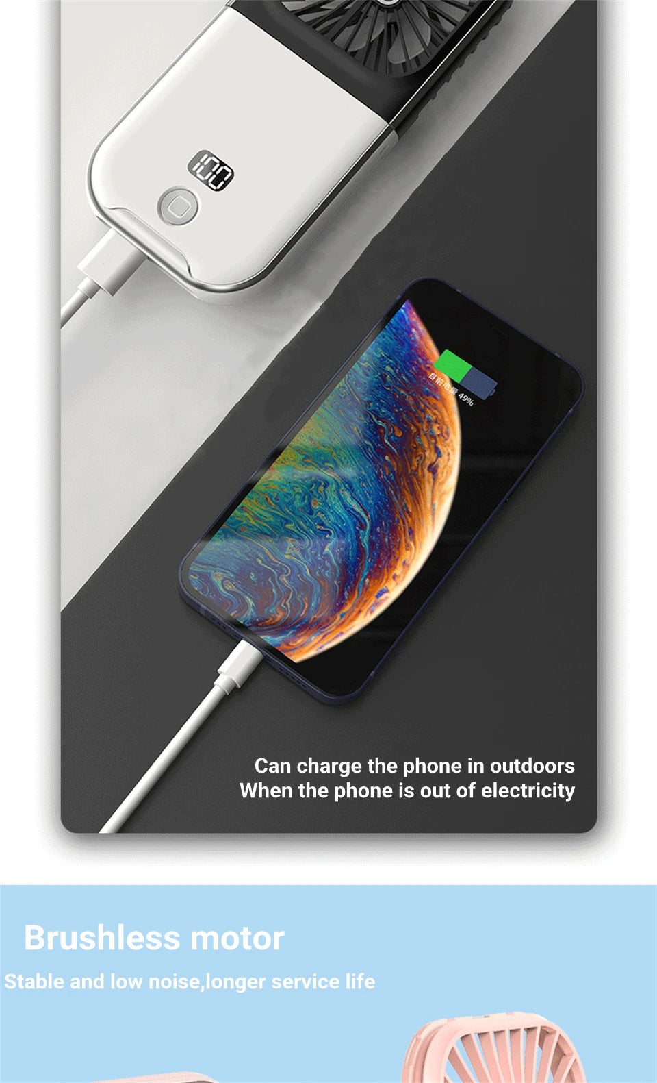 3000mAh Battery Handheld Outdoor Small Fan Portable Small Halterneck Adjustable Speeds Foldable USB Charging Cooling Artifact