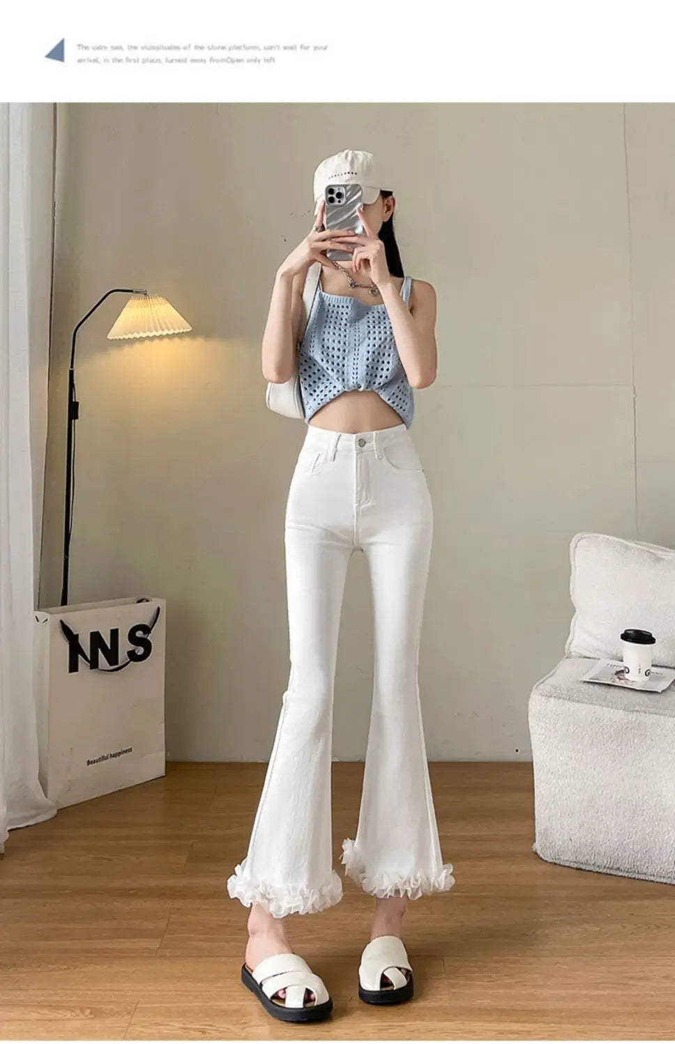 White Lace Spliced Trousers with Slightly Flared Imitation Jeans Women Autumn American Retro Small 8/9-point Flared Trousers