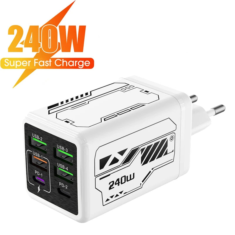 240W 6 in 1 USB C Charger Fast Charging PD3.0 QC3.0 Mobile Phone Travel Wall Adapter for iPhone17 Samsung Xiaomi Huawei EU UK US