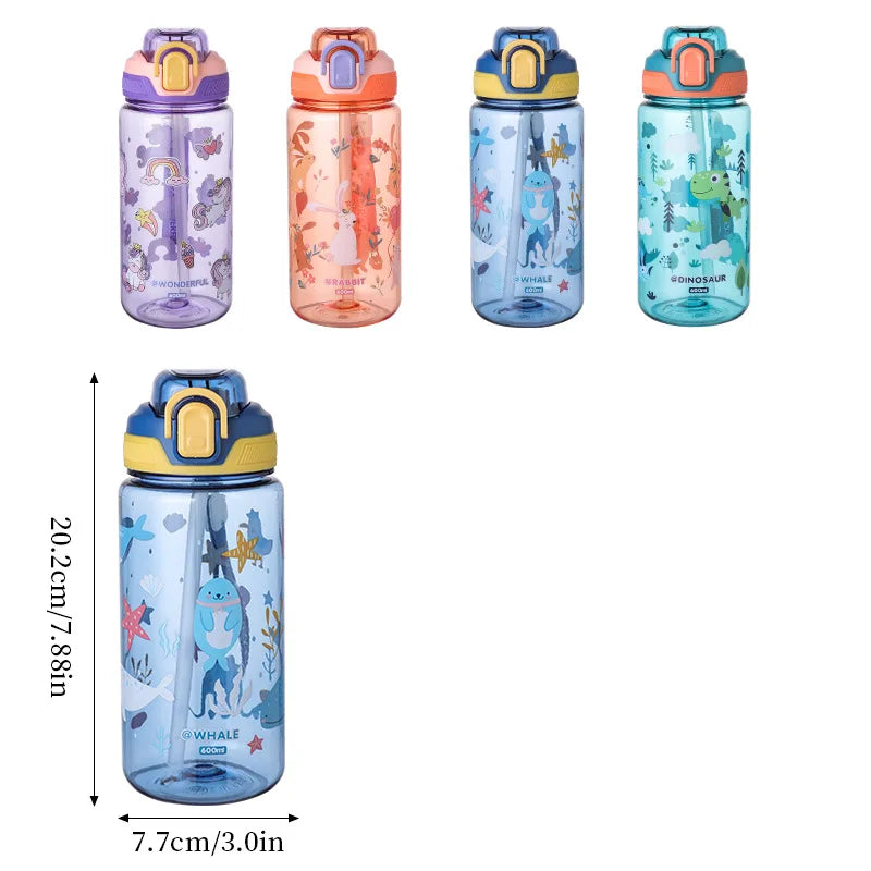 Dinosaur Themed Camping Bottle For Water Drinking Cup With Straw 600ml BPA Free Leakproof Kids Sports Bottle Lightweight Durable