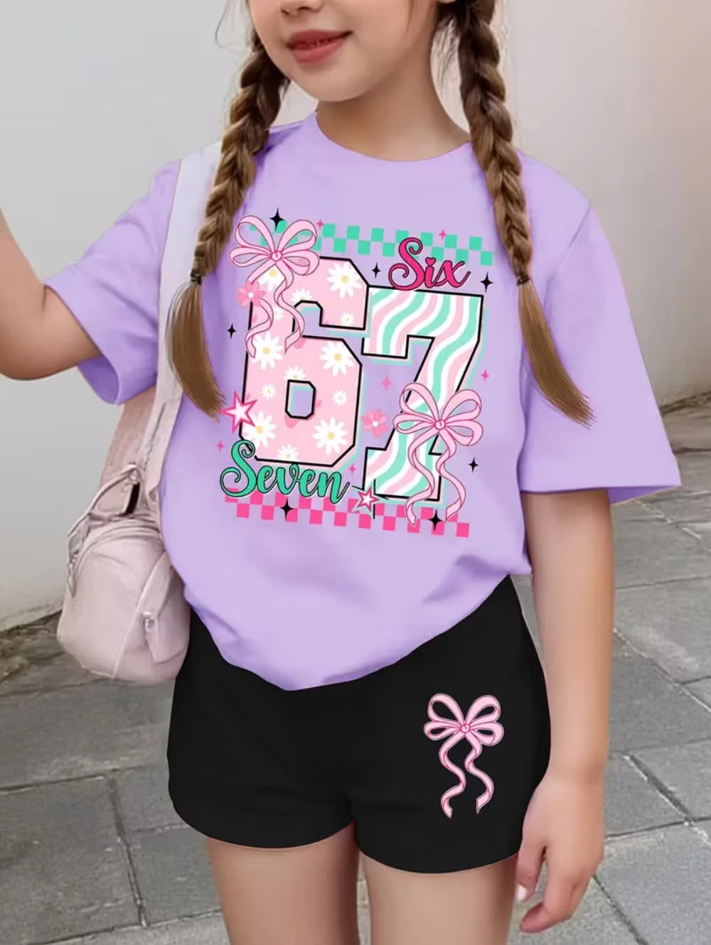 67 Six Seven Girls Clothes Cute Bows Flowers Print Girls Short Sleeve T-Shirt + Pants Set Casual Fashion Children's Clothes Tops