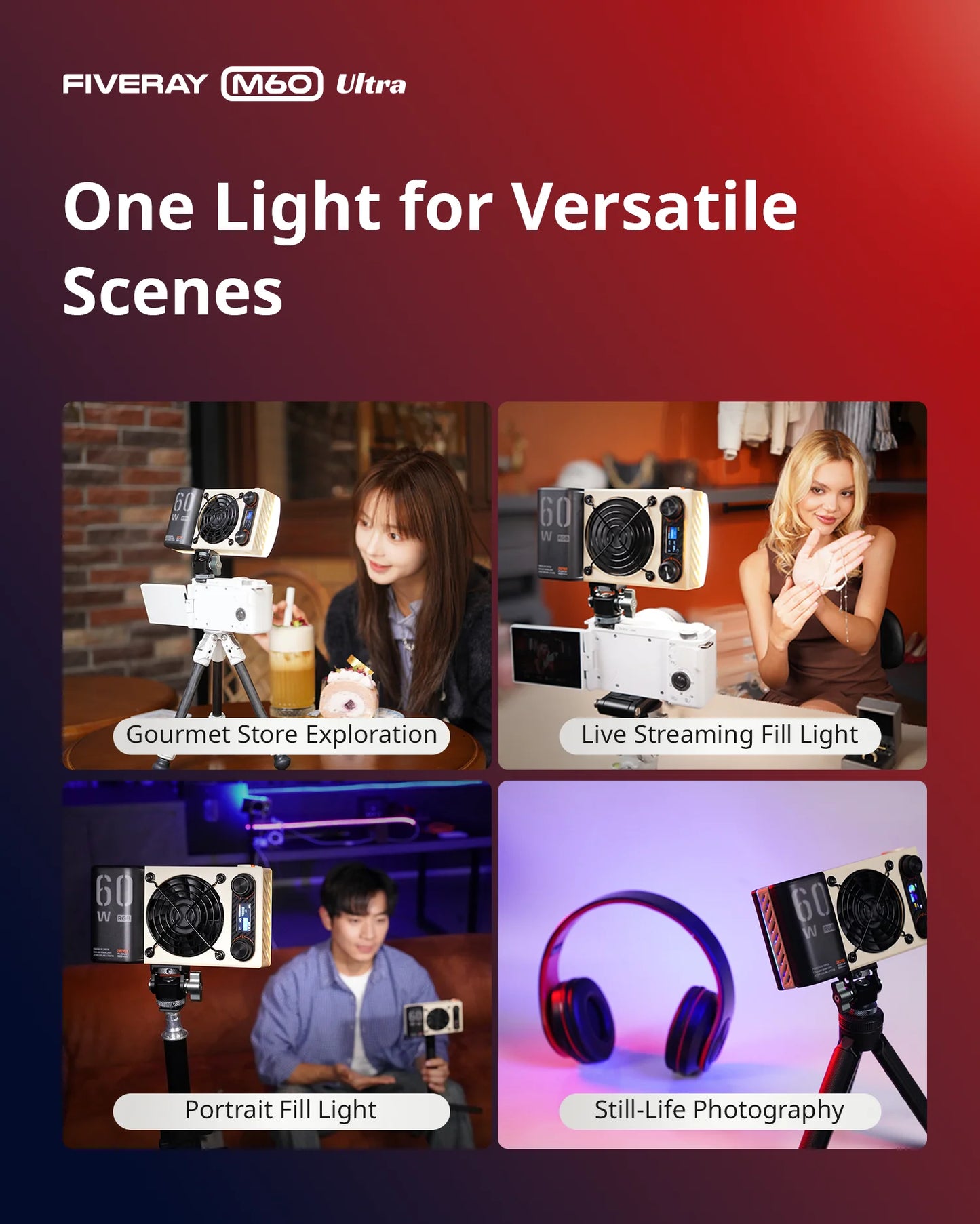 ZHIYUN FIVERAY M60 Ultra 60W RGB COB Pocket Light, High CRI ≥95, Full-Color 2500‑10000K, 4500mAh Battery, APP Control for Vlog