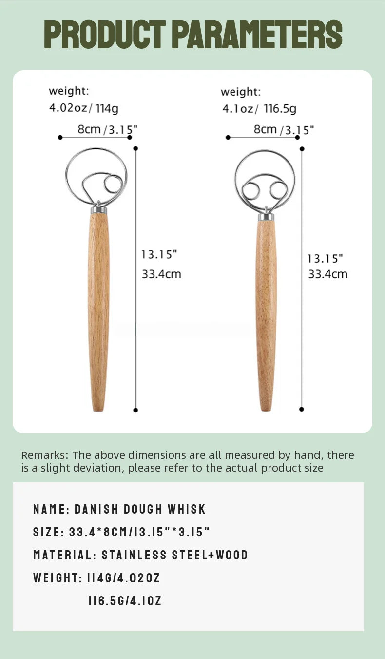 304 Stainless Steel Dough Whisk with Smooth Wooden Handle Sourdough & Bread Mixing 13 Inch Danish Dough Whisk Bread Tools