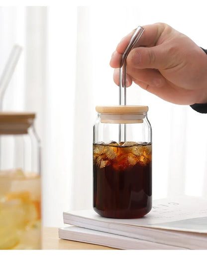 Glass Cup With Straw and Bamboo Lid Transparent Bubble Tea Cup Cold Drinking Glasses Iced Coffee Mug Beer Can Juice Milk Cup