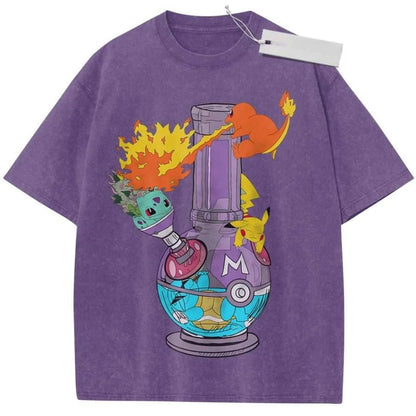 T Shirt Sports T Shirt Short Sleeve T Shirt Rose Red Unisex Pure Cotton Washed Vintage Pokemon Bulbasaur Pikachu Charmander