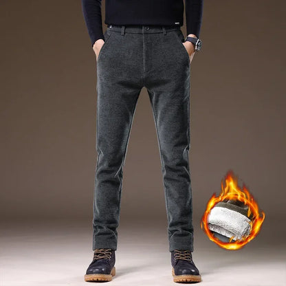 Casual Pants Men Winter New Fleece Business Elastic Waist Slim Korean Warm Thick Brushed Plush Trousers Male 28-38