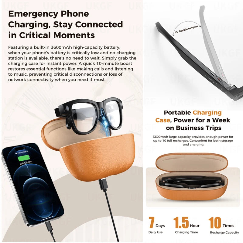 2026 New 8MP Camera Smart AI Glasses 3600mAh Charging Case Power Bank 1080P HD Camera ChatGPT 32GB Translation Video Sunglasses