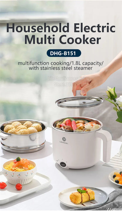 Liven Electric Multi Cooker 1.8L with 304 Stainless Steel Steamer Multifunctional Cooking Rice Porridge Noodle Mini Hot Pot 600W