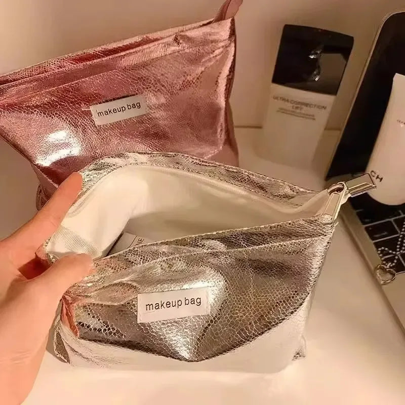 Portable Large Capacity Shiny Sequins Cosmetic Bags Silver Champagne for Women Toiletries Skincare Storage Bag Make Up Pouch