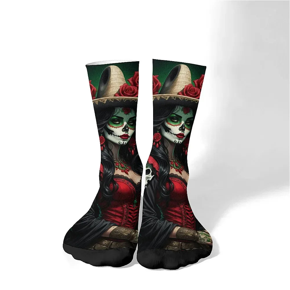 Mens Art Day of the Dead Themed Socks Mexican Grim Reaper Vintage Floral Design Soft Breathable Crew Socks Novelty Holiday Gift