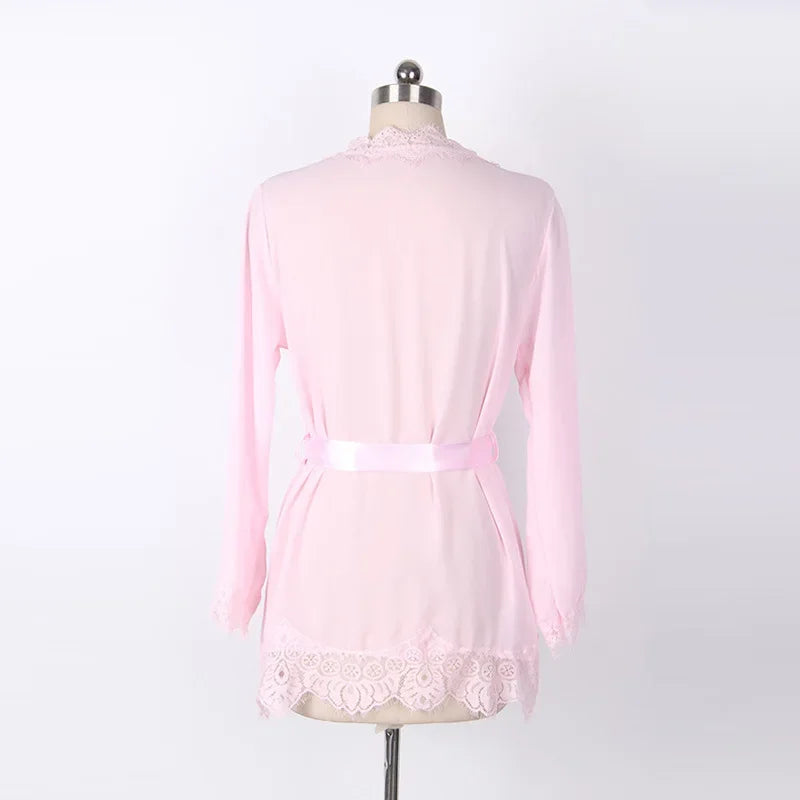 Women's Sheer Lace Kimono Robe, Long Sleeve V-Neck Belted Soft Bridal Wedding Lingerie Nightwear Multi-color