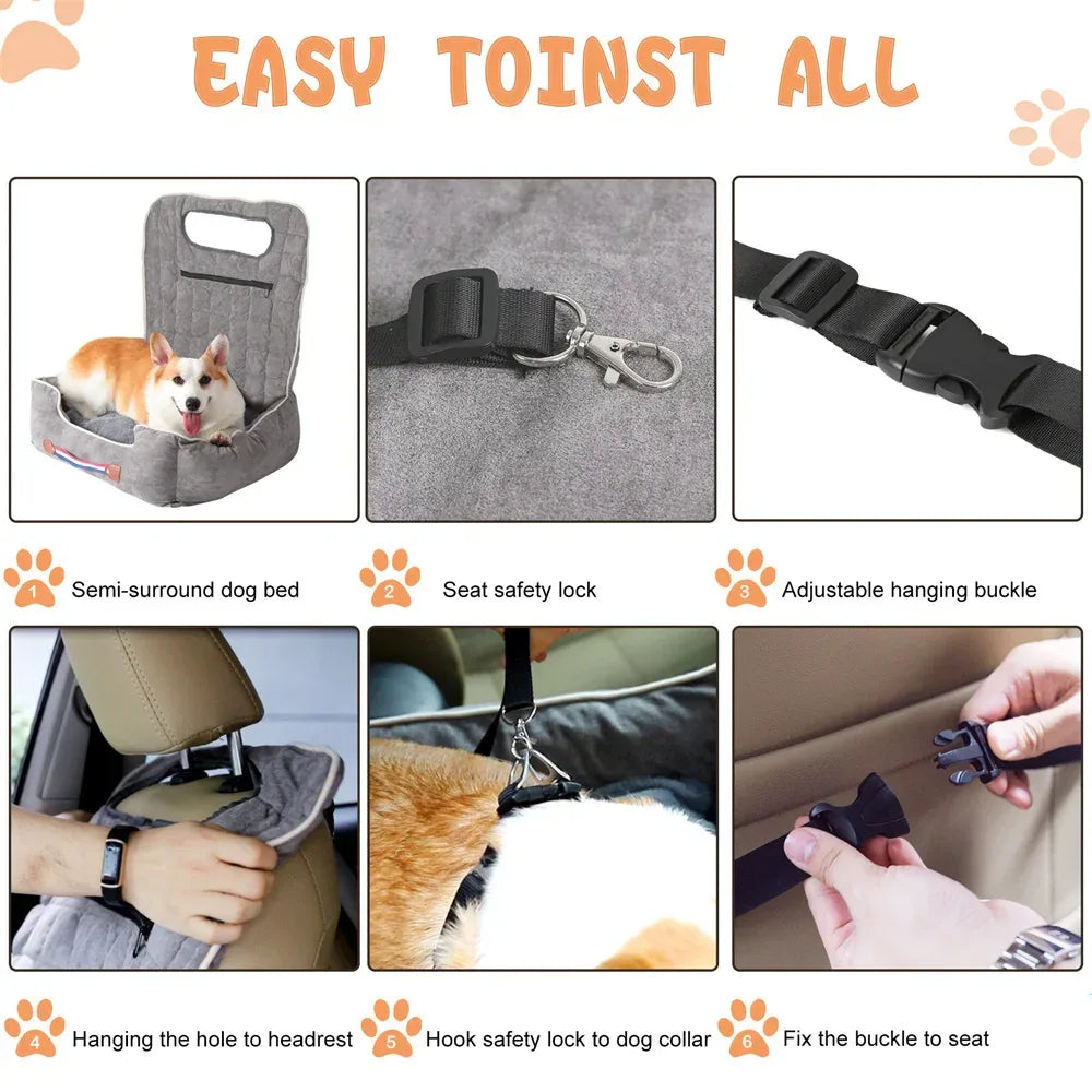 Dog Car Seat Bed Pet Booster Car Seat Travel Carrier with Safety Belt Adjustable Strap Car Seat Protector Cushion Waterproof