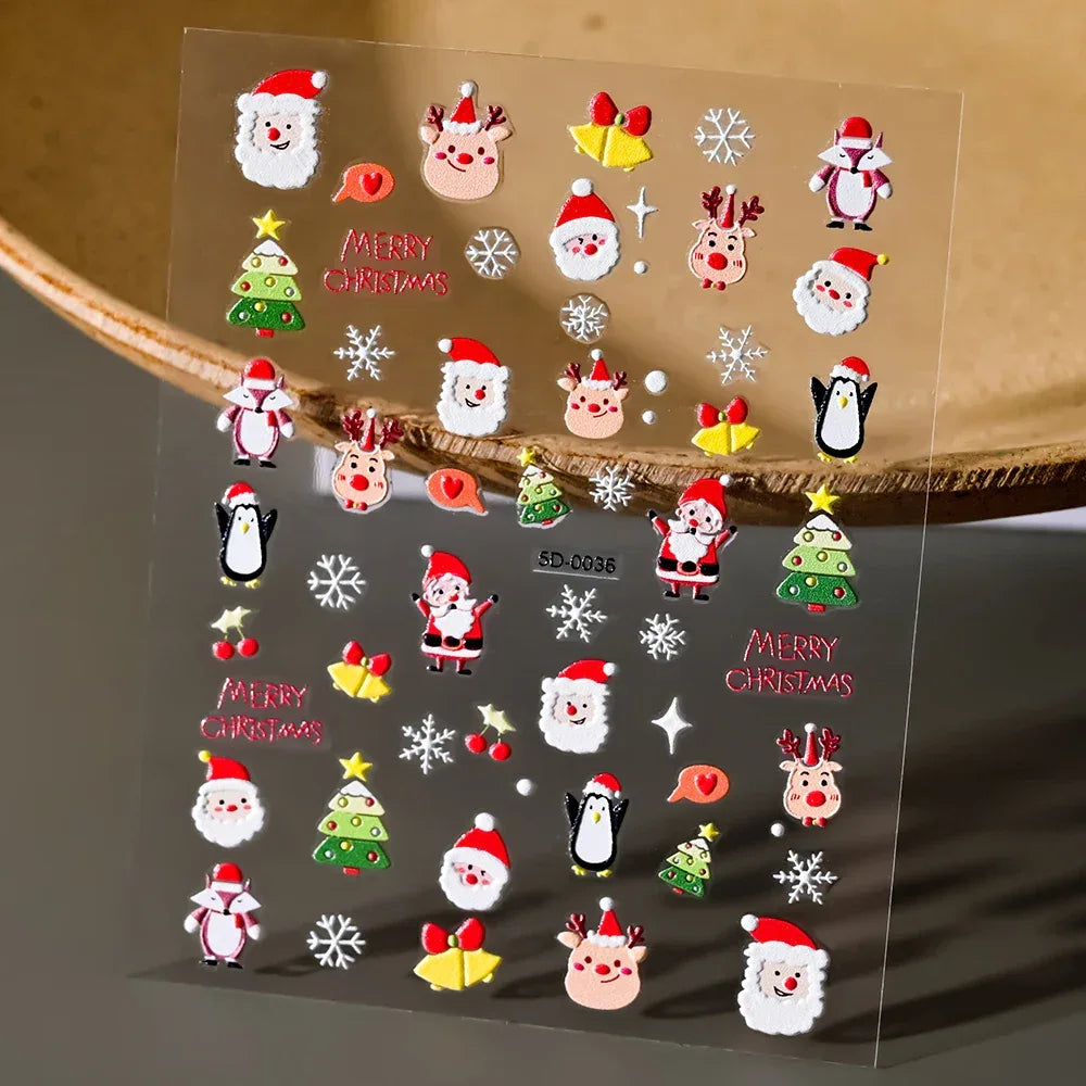 1pc Christmas Nail Art Stickers 5D Winter Holiday Themed Nail Decor Santa/Snowflakes/Christmas Trees/Gingerbread Nail Supplies *