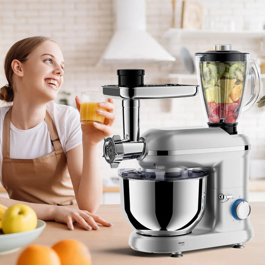 5-in-1 Multifunction Electric Stand Mixer with Stainless Steel Mixing Bowl 6-Speed Blender & Meat Grinder-Kitchen Appliance