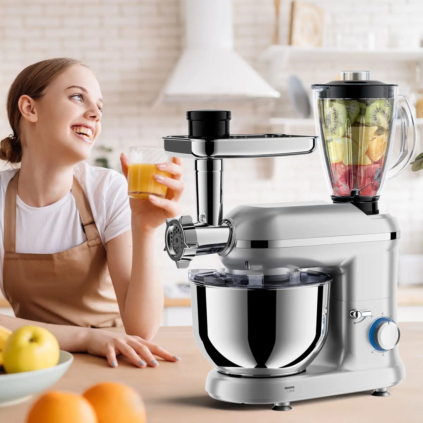 5-in-1 Multifunction Electric Stand Mixer with Stainless Steel Mixing Bowl 6-Speed Blender & Meat Grinder-Kitchen Appliance
