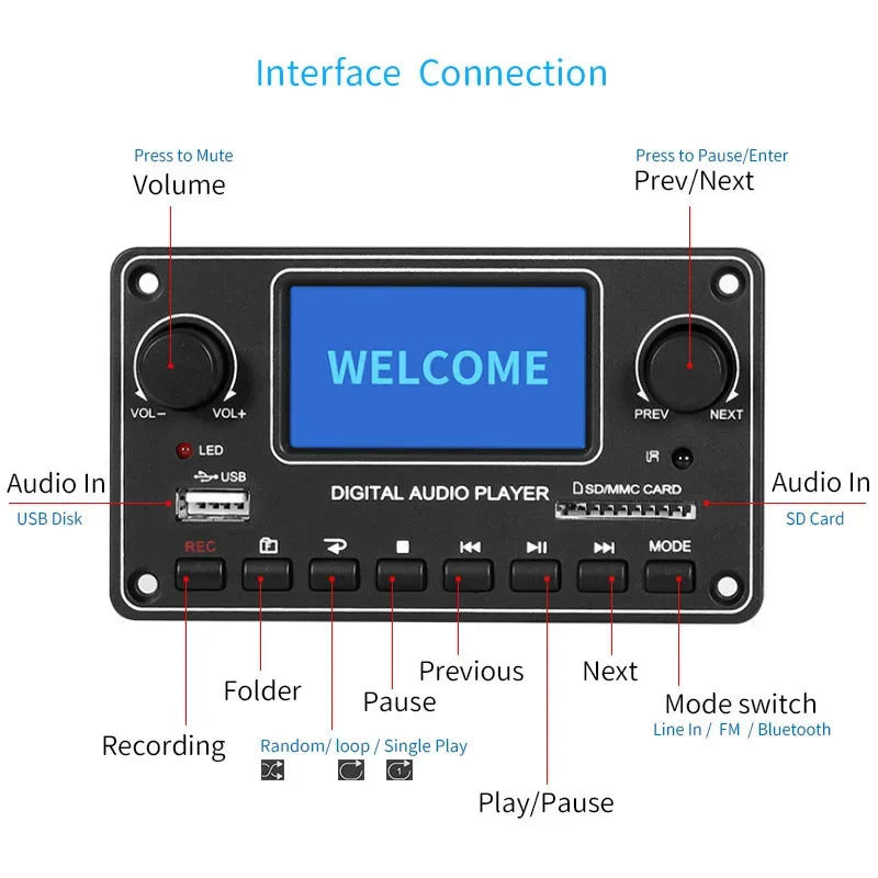Blutooth LCD Player Board Digital Audio Player USB SD BT Music MP3 Decoder Module TDM157 For Amplifier