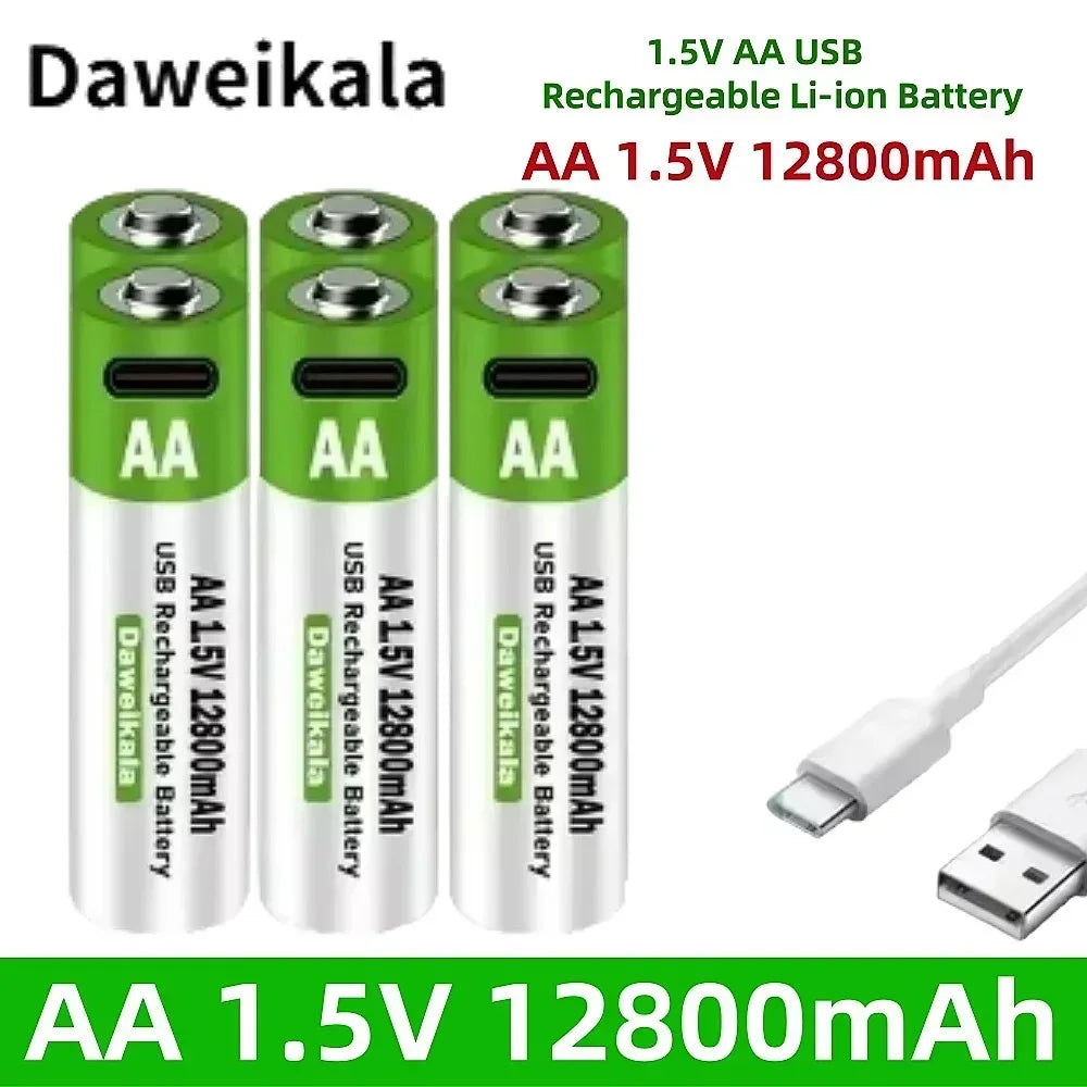 2025 New AA 1.5V USB Rechargeable Li-ion Battery 12800mAh Battery W/Type-C Cable for Toy Remote Control Mouse Electric Battery