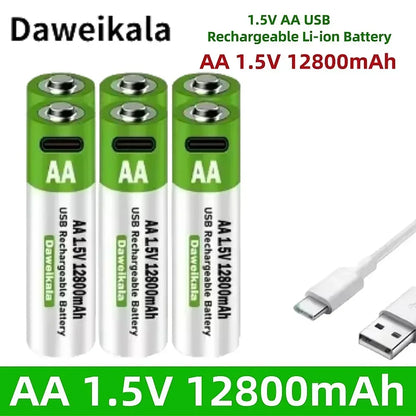 2025 New AA 1.5V USB Rechargeable Li-ion Battery 12800mAh Battery W/Type-C Cable for Toy Remote Control Mouse Electric Battery