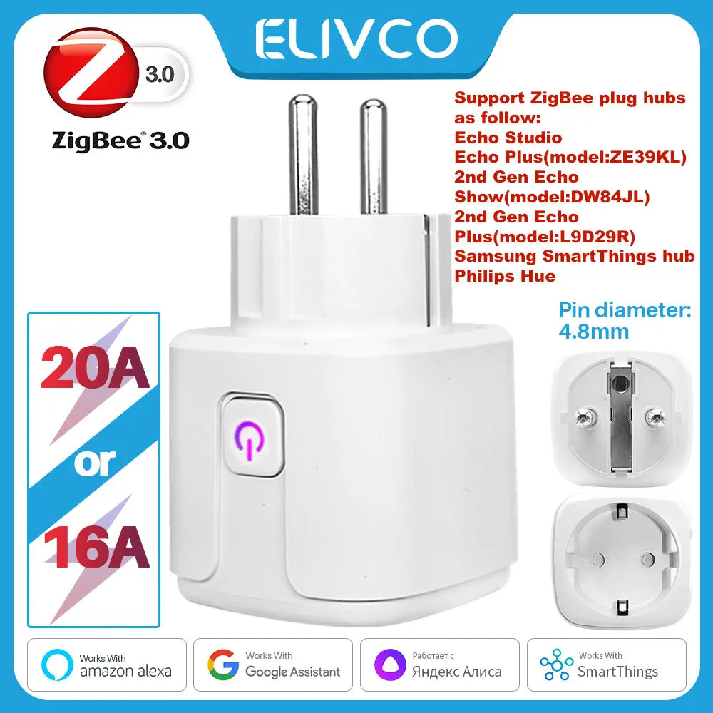16A/20A Zigbee 3.0 Smart Plug EU Socket With Countdown Timing Voice Control Support Alexa Google Home Yandex Alice