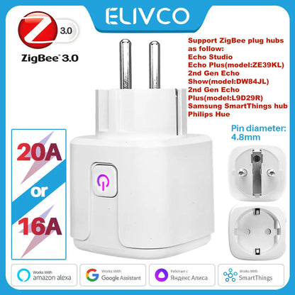 16A/20A Zigbee 3.0 Smart Plug EU Socket With Countdown Timing Voice Control Support Alexa Google Home Yandex Alice