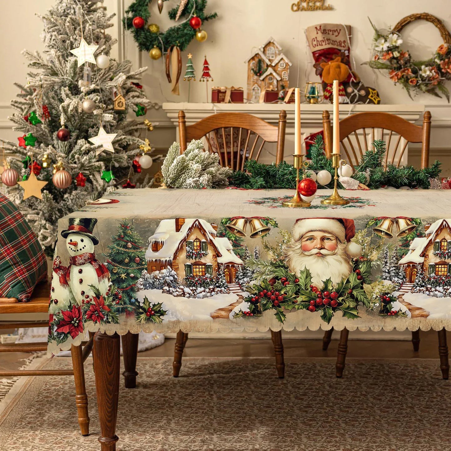 1 Piece Christmas Round and Rectangular Tablecloth, Various Sizes, Retro Santa Claus and Christmas Tree Print Design Pattern Tablecloth, Christmas Garden Tablecloth Decoration, Tablecloth for Daily Home Kitchen, Terrace, Gift