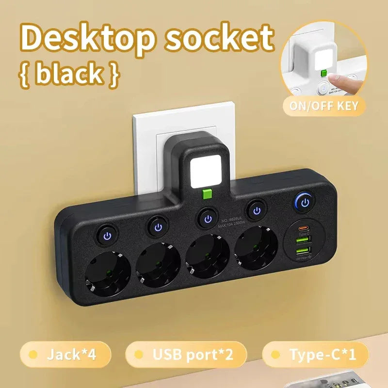 EU Plug Power Strip with 3 AC Outlets +2 USB Ports+ 1 Type C, 6-in-1 Plug Socket Adapter Wireless Wall Charger for Home Office