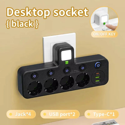 EU Plug Power Strip with 3 AC Outlets +2 USB Ports+ 1 Type C, 6-in-1 Plug Socket Adapter Wireless Wall Charger for Home Office