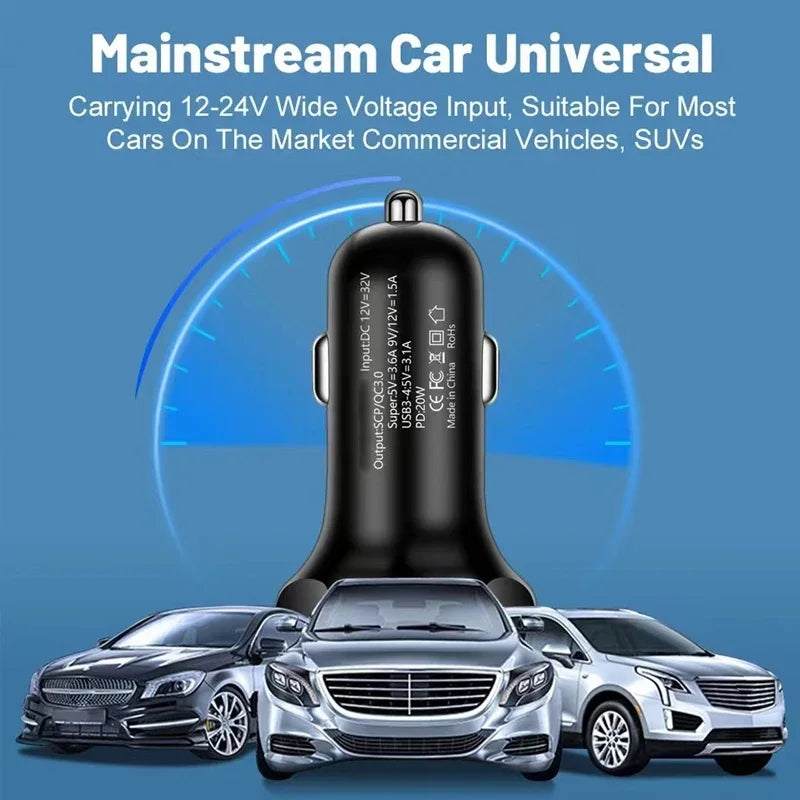 6 in 1 USB C Car Charger Adapter with Voltage Monitor Fast Charging in Car for iPhone Samsung Vivo OPPO Oneplus Mobile Phones
