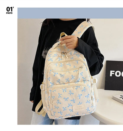 3 Pcs/Set Cute girl Large Capacity Backpack Bow Print Nylon Schoolbag Adjustable Strap Women daily Campus Backpack