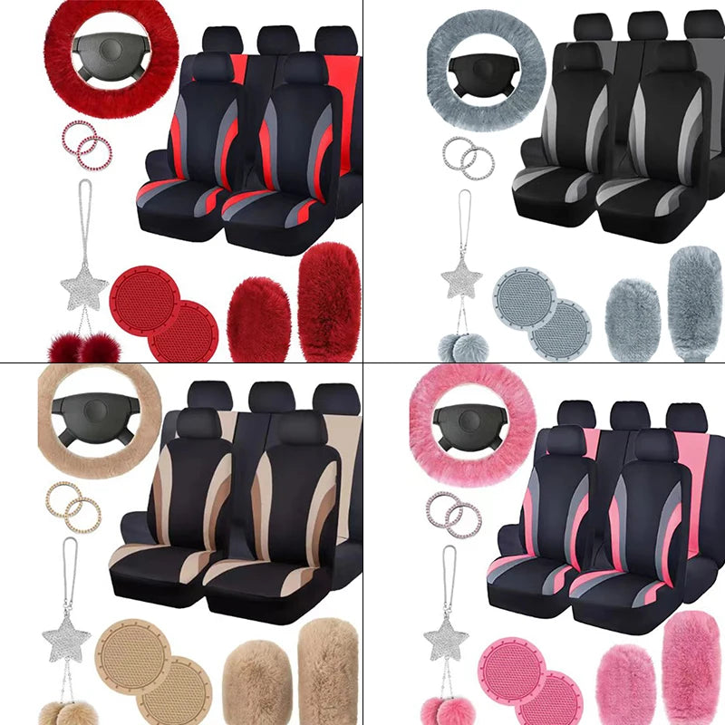 17Pcs Striped Design Universal Car Seat Cover Set Including Front Seat Cover Handbrake Shift Coverfluffy Steering Wheel Cover by PDG ibma