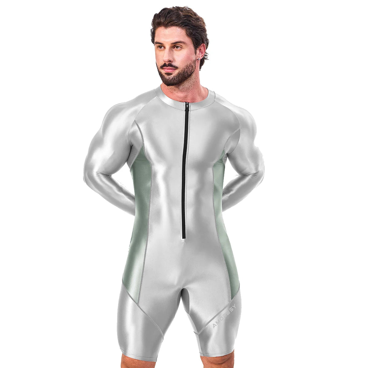 AMORESY Atticus Series Men Glossy Smooth Patchwork High Stretch Long Sleeve Knee Length Tracksuit Jumpsuit Bodysuit Fitness Gym