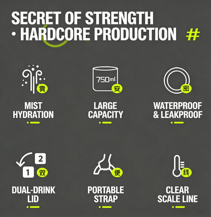 750ML Portable Mist Spray Water Bottle Double Drinking Sports Bottle Leakproof Gym Running Hiking Camping Outdoor Activity Gift