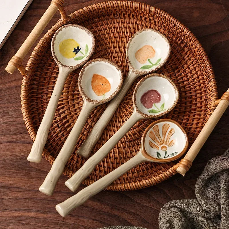 Cute Ceramic Flower Soup Spoon Kawaii Korean Ice Cream Hand Painted Dessert Spoon With Long Handle Kitchen Tableware Accessories