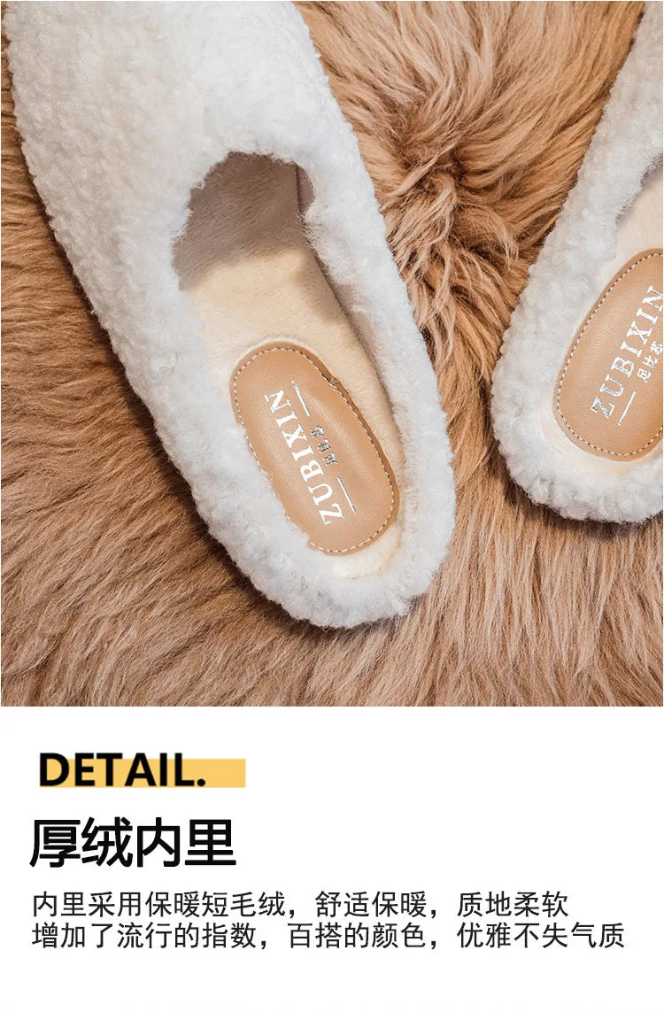 Big Size 43 Women Lambswool Slippers Winter Sheep Fur Shoes Ladies Flat Cotton Slides Home Pantuflas Daily Slip On Furry Mules