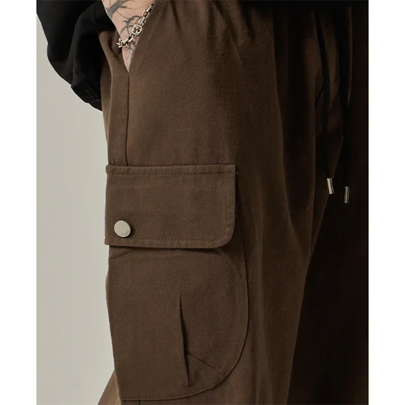 Men's Sweatpants 2025 Spring Autumn Vintage Japanese Wide Leg Straight Loose Button Big Pockets Cargo Pants Drawstring Trousers