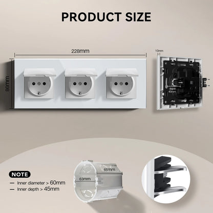 BSEED EU Standard Wall Electric Socket With Cover 16A Bathroom Power Sockets Outdoor Outlet Waterproof Glass Panels E Series