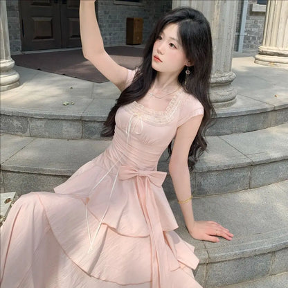 Pink Square Collar Korean Style Long Dress Women Japan Style Sweet Elegant Fairy Dress Female Fashion Summer Casual Party Dress