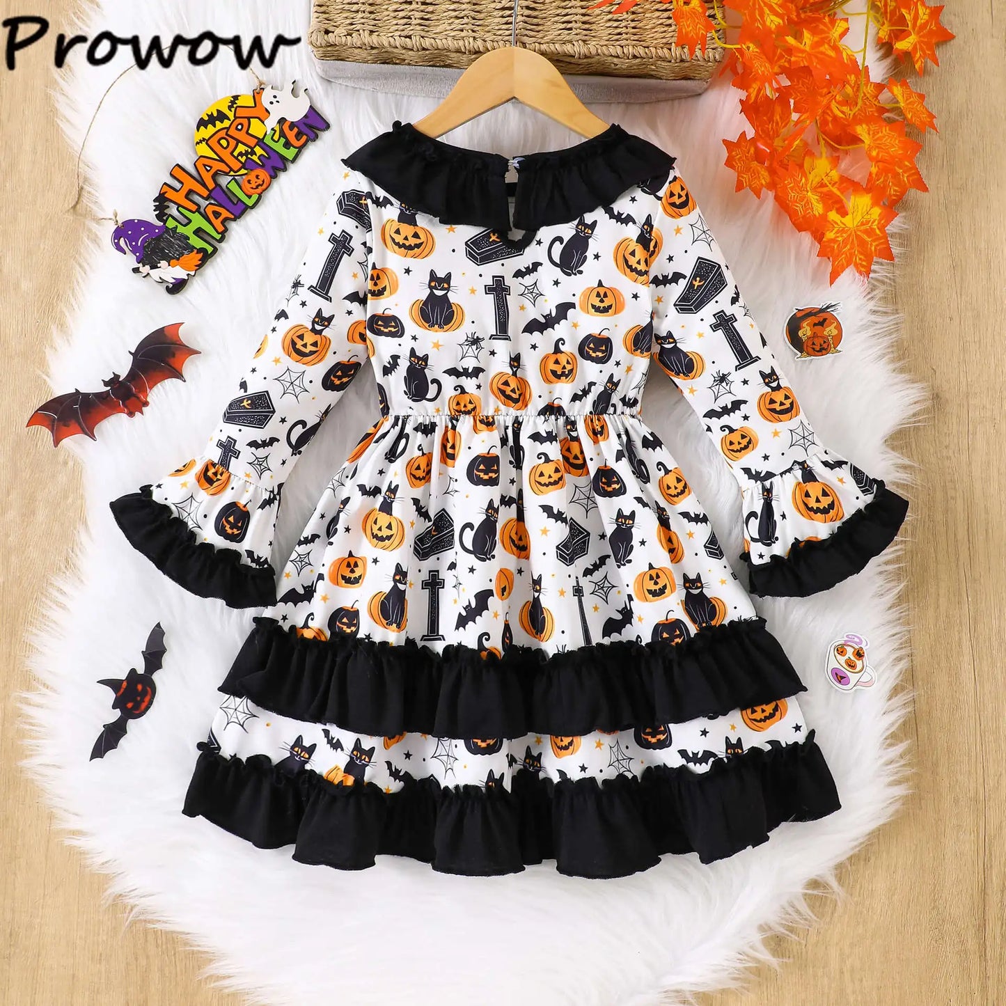 Prowow 2-8Y Kids Purple Halloween Dresses For Girls Long Sleeve Princess Mesh Spooky Spider Dress Children Halloween Costumes