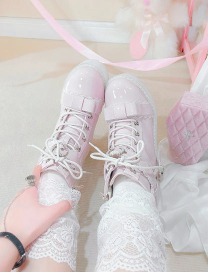 Japanese Mine Lolita Short Boots for Women Mass Production Love Rhinestone Buckle Bow Round Head Platform Boots Sweet Shoes