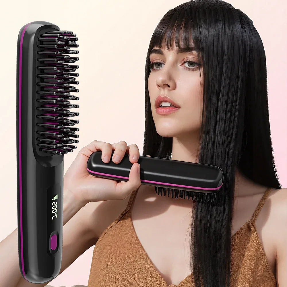 Rechargeable Hair Straightener Brush with 20s Fast Heating and 3 Temp Settings, Straightening Comb with Negative Ions for Women