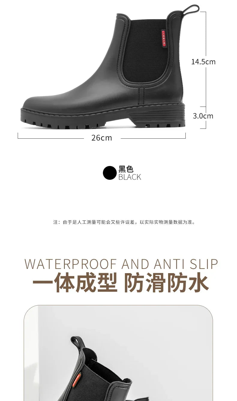 Women's short tube anti slip rain shoes, lightweight waterproof water shoes, fashionable Chelsea rain boots, PVC one-time moldin