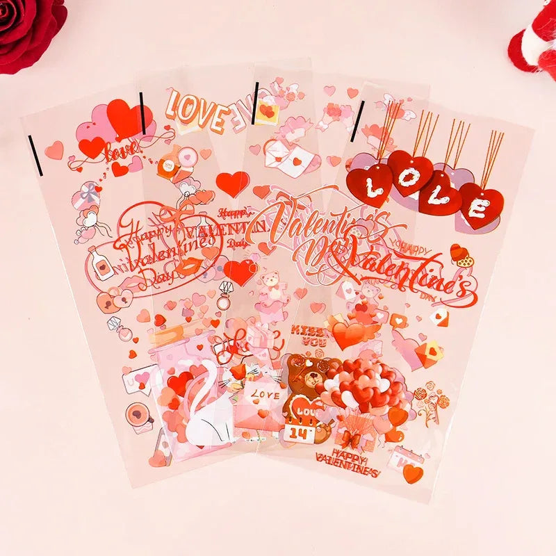 50pcs Valentine's Day Gift Bag Love Heart Plastic OPP Candy Cookie Packaging Bag Valentines Day Party Decoration Favors Supplies