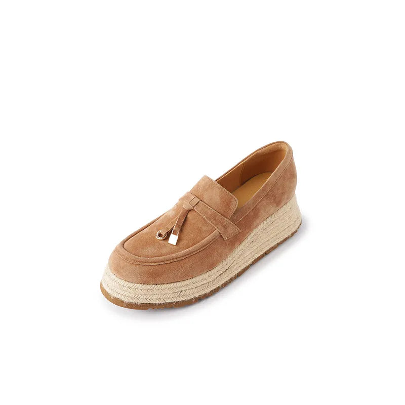 MKKHOU Fashion Loafers New High Quality Real Leather Suede Vintage Straw Braid Platform Shoes Daily Casual Light Shoes Neutral