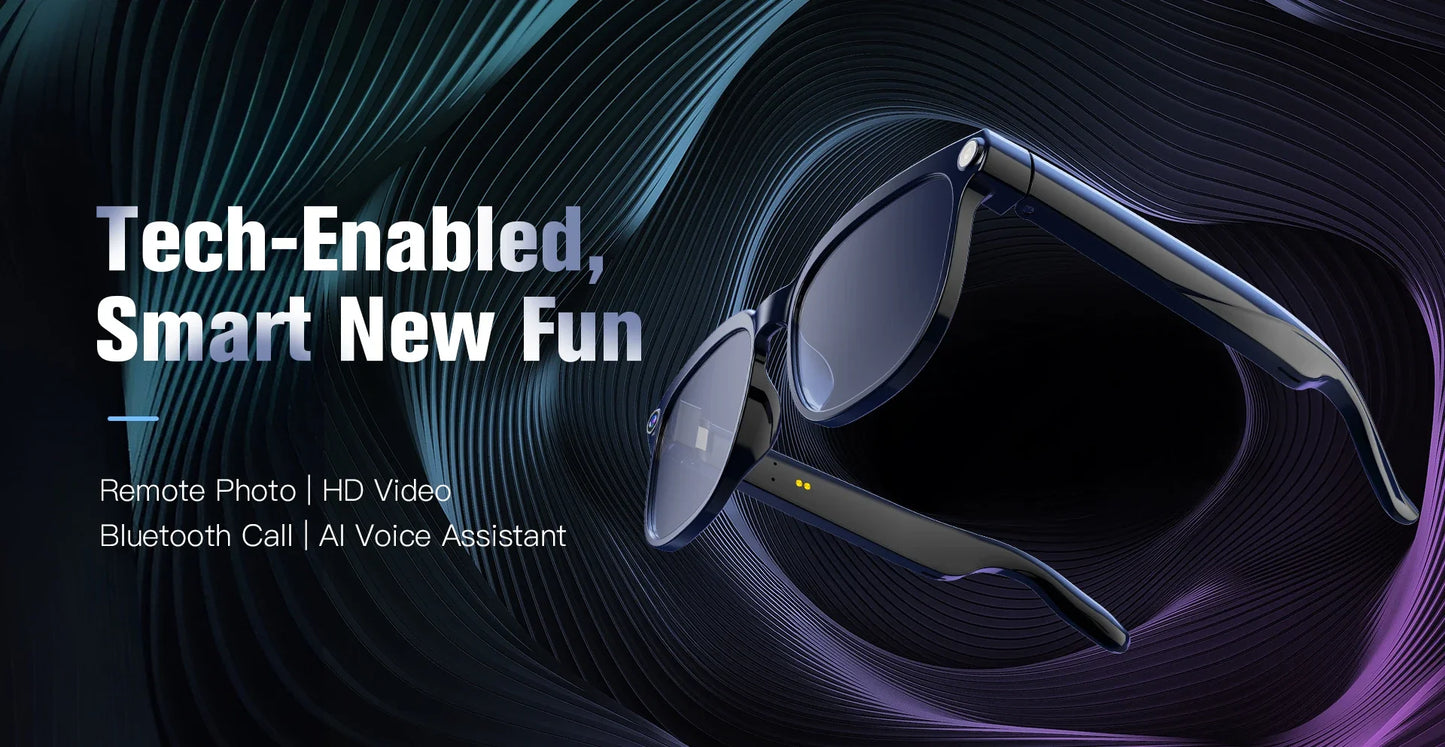 Lunettes intelligentes avec traduction IA, prise de photos, reconnaissance d'objets, caméra 4K, Bluetooth, musique, appels et enregistrement intelligent.