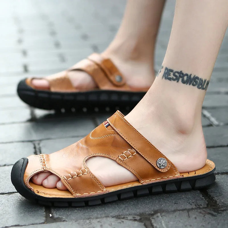Men Sandals Summer Leather Men Shoes Breathable Walking Beach Slippers Outdoor Sandals Flat Casual  High Quality Fashion Sandals